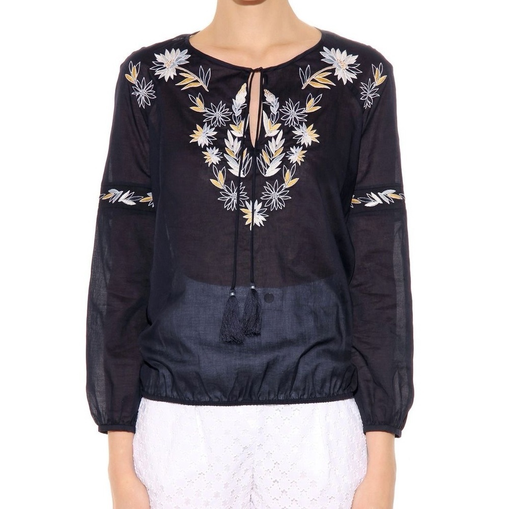 Tory Burch Cotton Poplin Split Neck Embroidered Peasant Top Navy Size 8 Boho - Picture 4 of 10